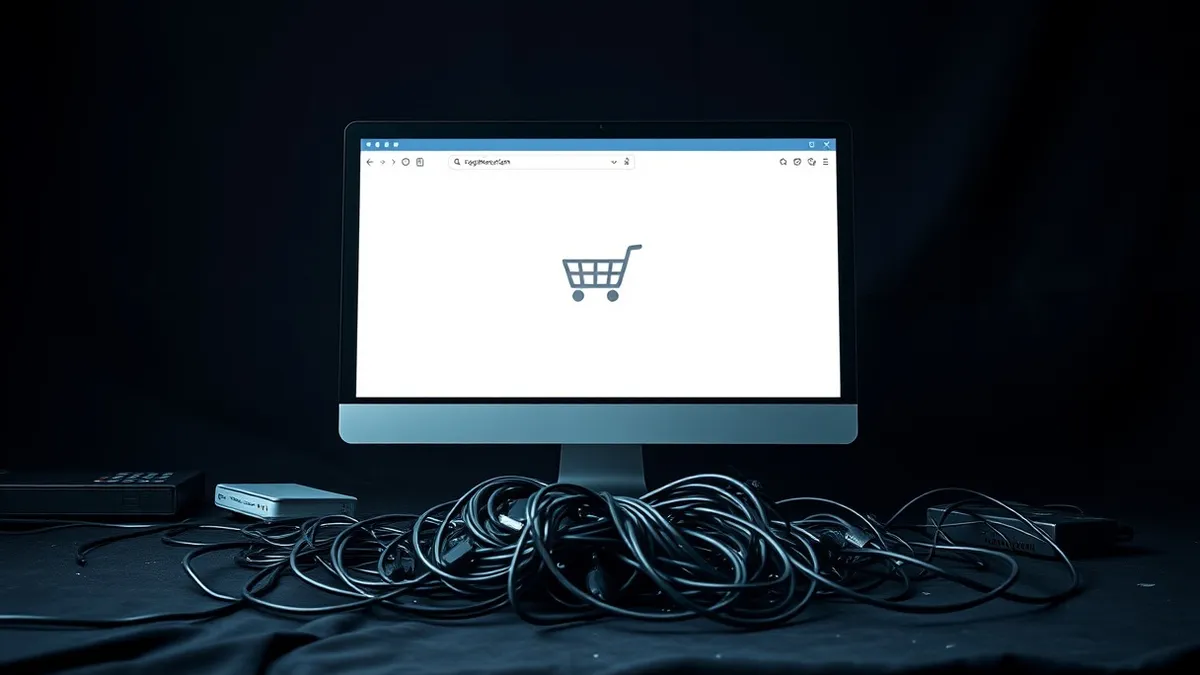 Illustration: A blank computer monitor sits on a messy desk, displaying an empty web browser window with a generic shopping cart icon.