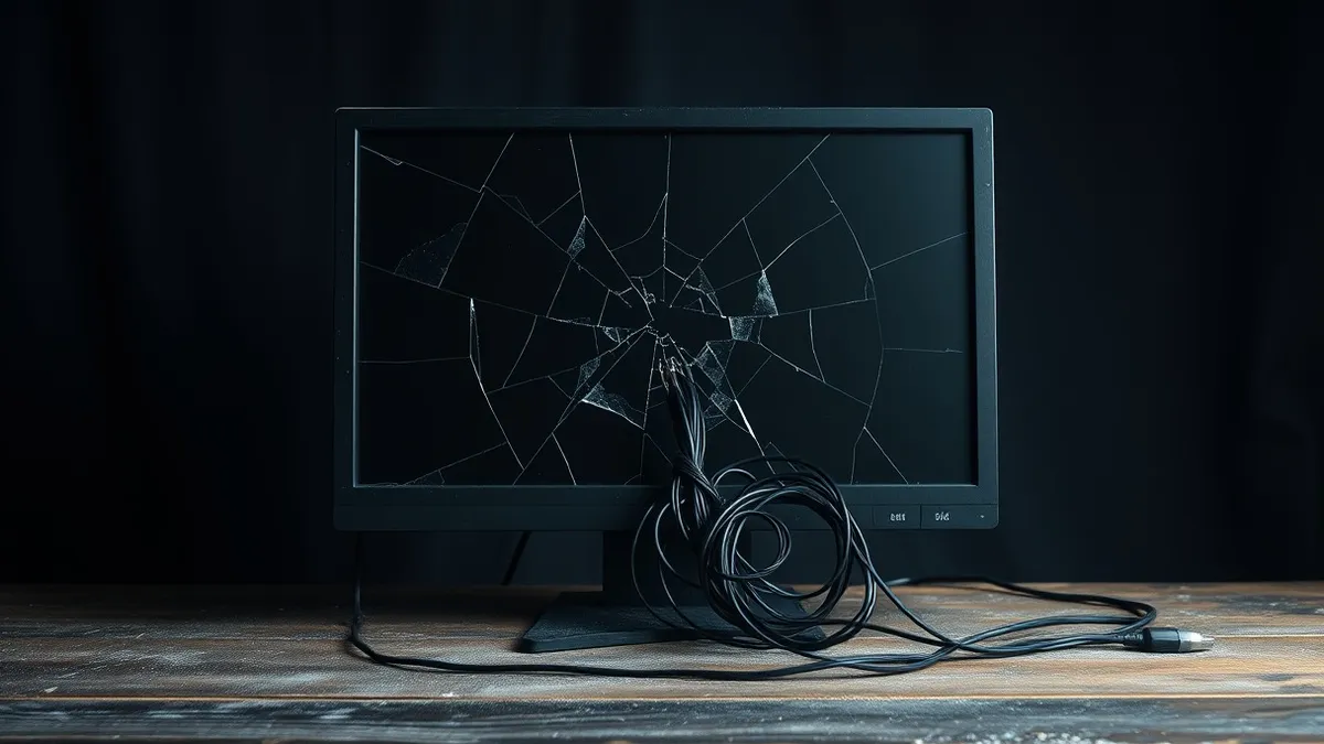 Illustration: A cracked computer monitor sits on a dusty wooden desk, its dark screen reflecting faint, jagged shards of light.