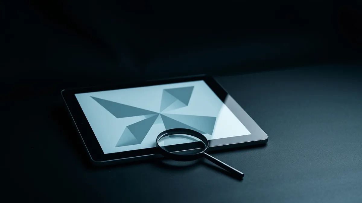 Illustration: A sleek desk holds a tablet displaying abstract geometric patterns, while a magnifying glass rests beside it, emphasizing careful scrutiny.