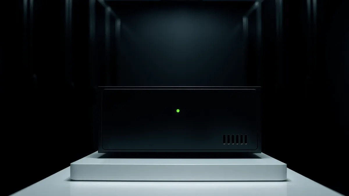 Illustration: A sleek black network security appliance sits on a clean white desk.