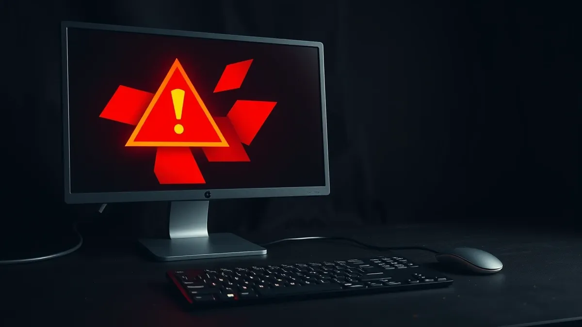 Illustration: A desktop computer monitor displays a bright red warning triangle with an exclamation mark against a dark background.
