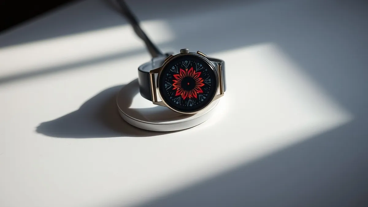 Illustration: A smartwatch rests on a clean white surface beside its magnetic charging puck.