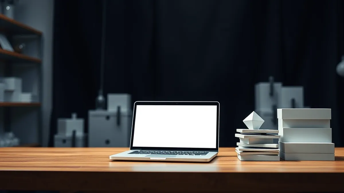 Illustration: A sleek white laptop sits on a wooden desk in a quiet university laboratory, its blank screen glowing softly beside a stack of abstract geometric models.