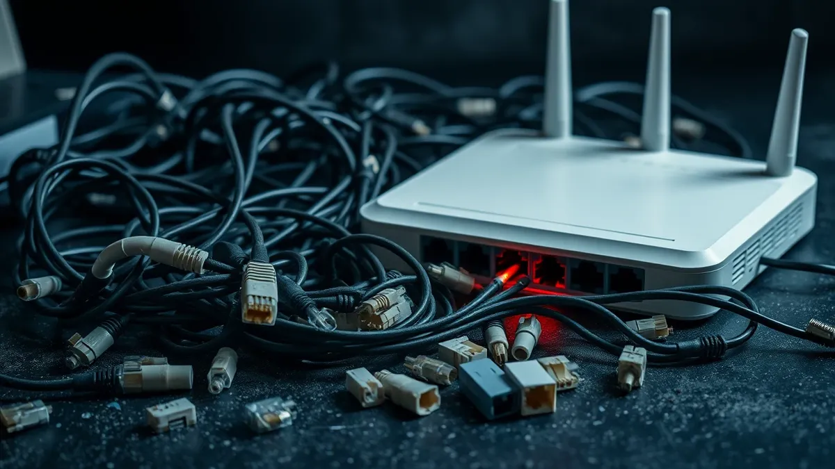 Illustration: A disorganized tangle of tangled ethernet cables and scattered loose network connectors sits on a dusty desk.