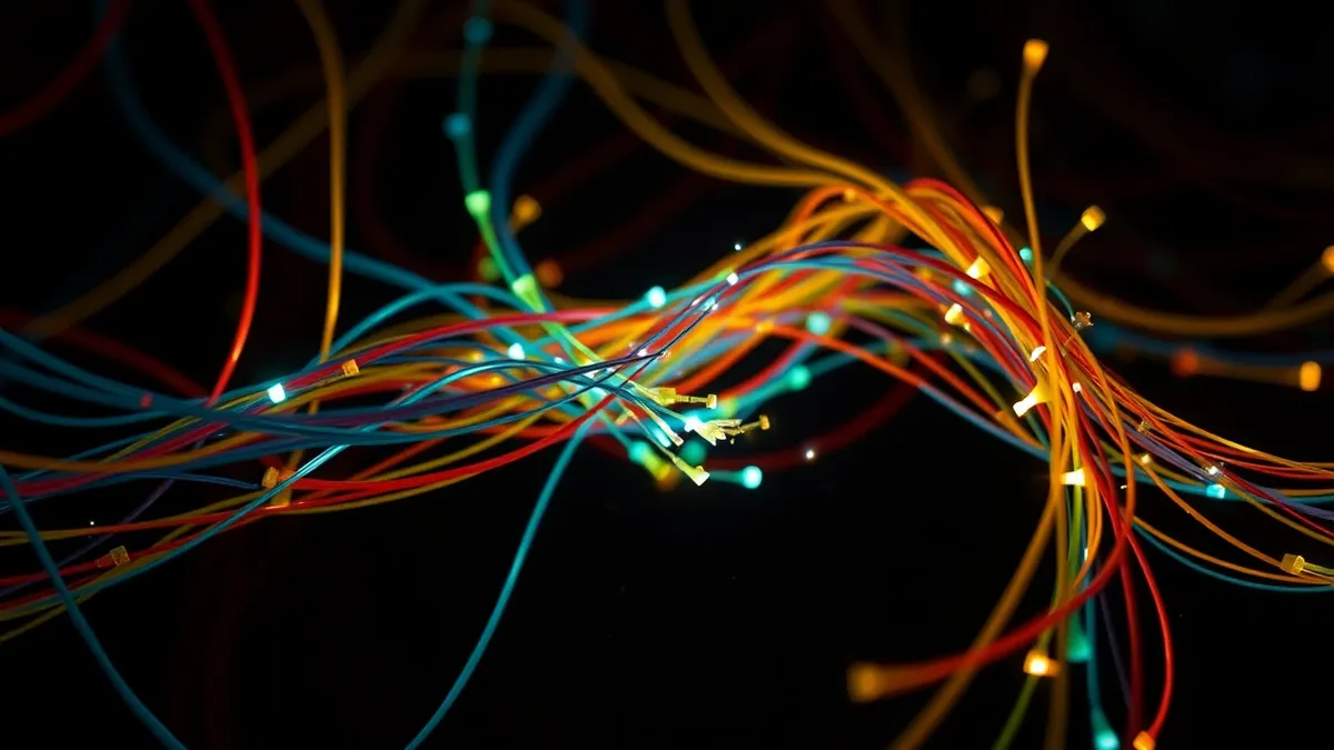 Illustration: A tangled mass of colorful fiber optic cables pulses with faint, irregular light patterns.