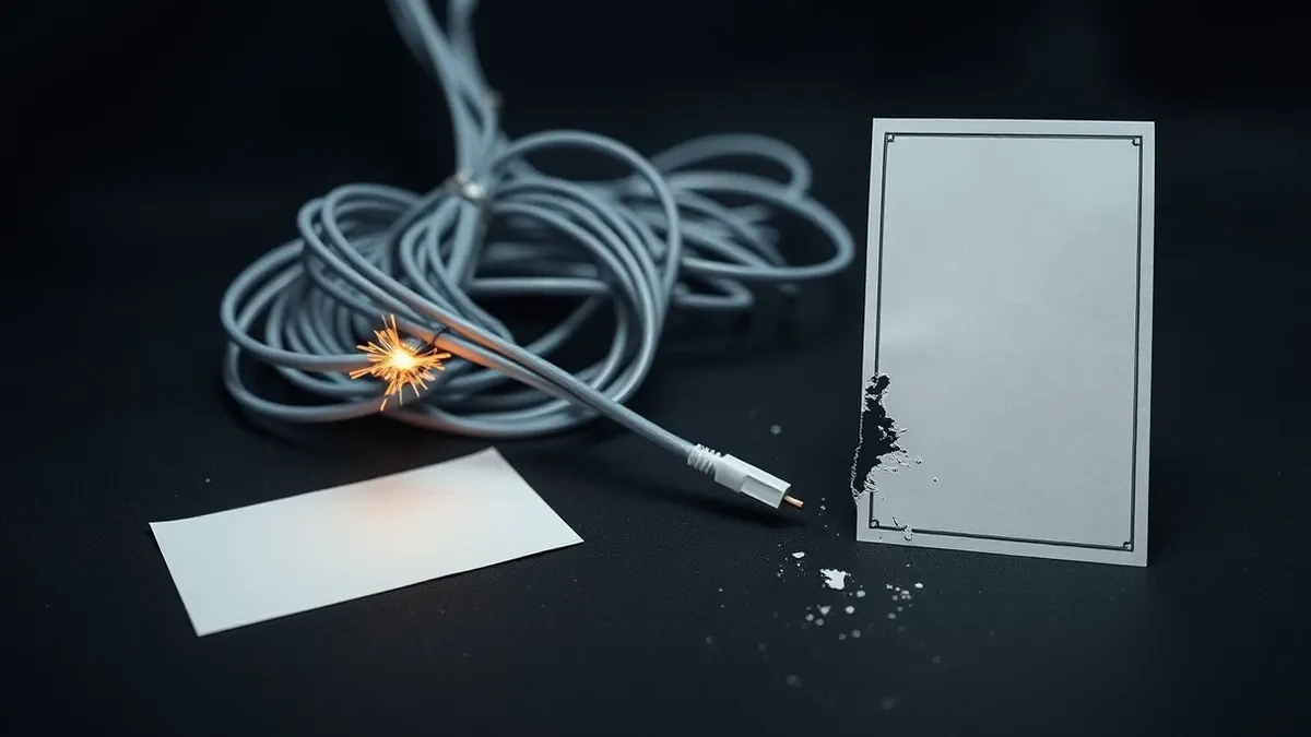 Illustration: A tangled bundle of fiber optic cables sits on a dark floor, with one cable frayed and sparking faintly.