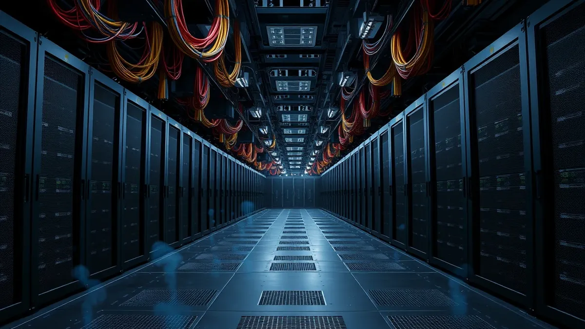 Illustration: A massive, sleek server hall stretches into the distance, filled with rows of blank black equipment racks.