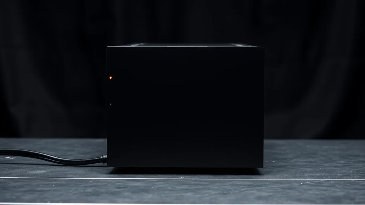 Illustration: A sleek, matte-black server chassis sits on a metal workbench.