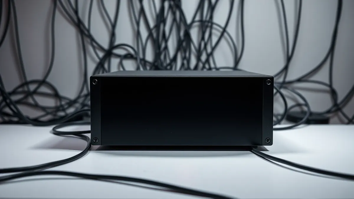 Illustration: A matte black network appliance sits isolated on a clean white desk, surrounded by a translucent blue barrier that separates it from a dense web of tangled cables in 