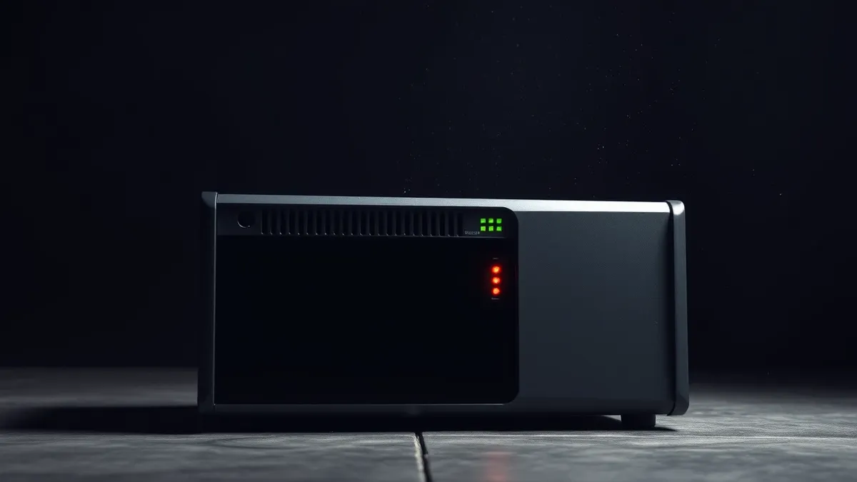 Illustration: A sleek gray network appliance sits on a concrete floor, its front panel displaying blank status lights and a single red warning indicator.