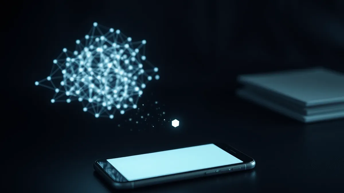 Illustration: A blank smartphone rests on a desk, projecting a holographic cloud of glowing geometric nodes.