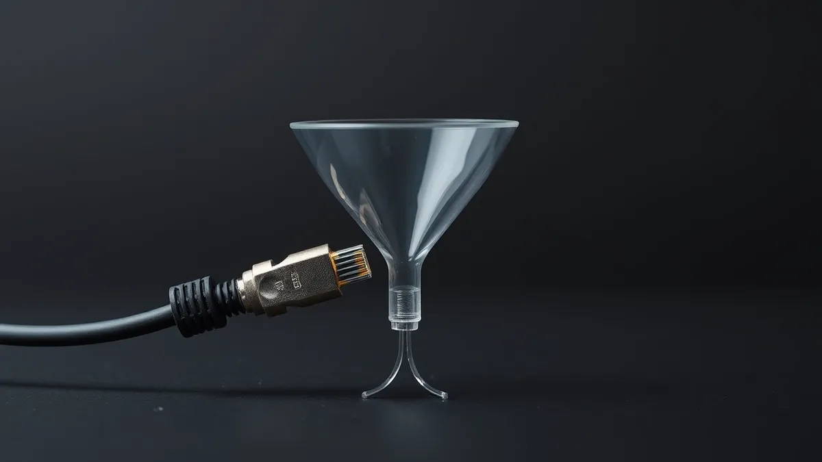Illustration: A translucent digital funnel captures escaping data packets from a network cable.