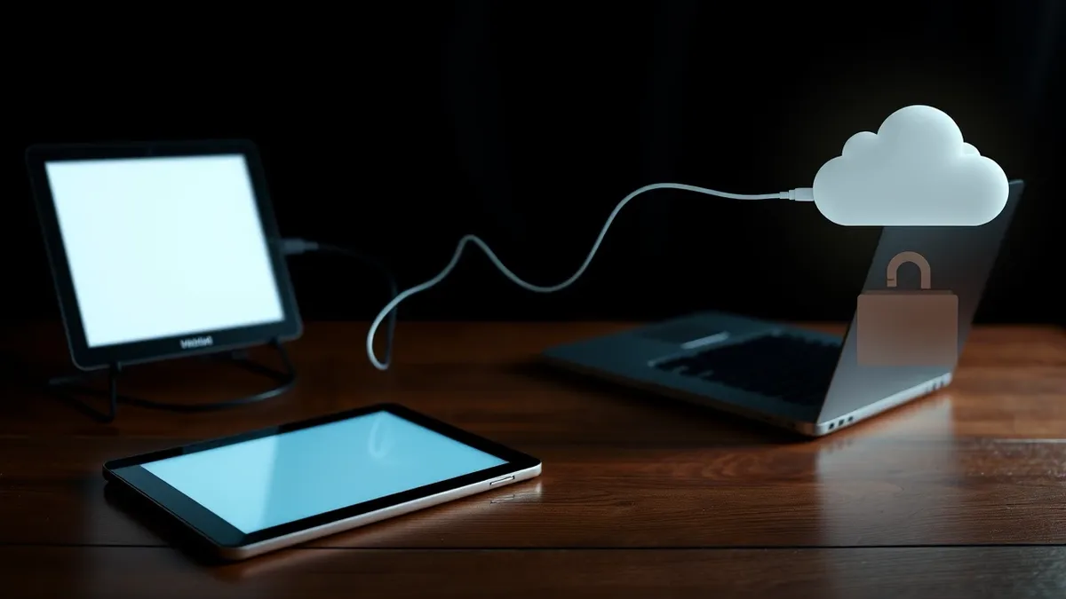 Illustration: A sleek tablet sits on a wooden desk, its blank screen glowing softly beside an open laptop.