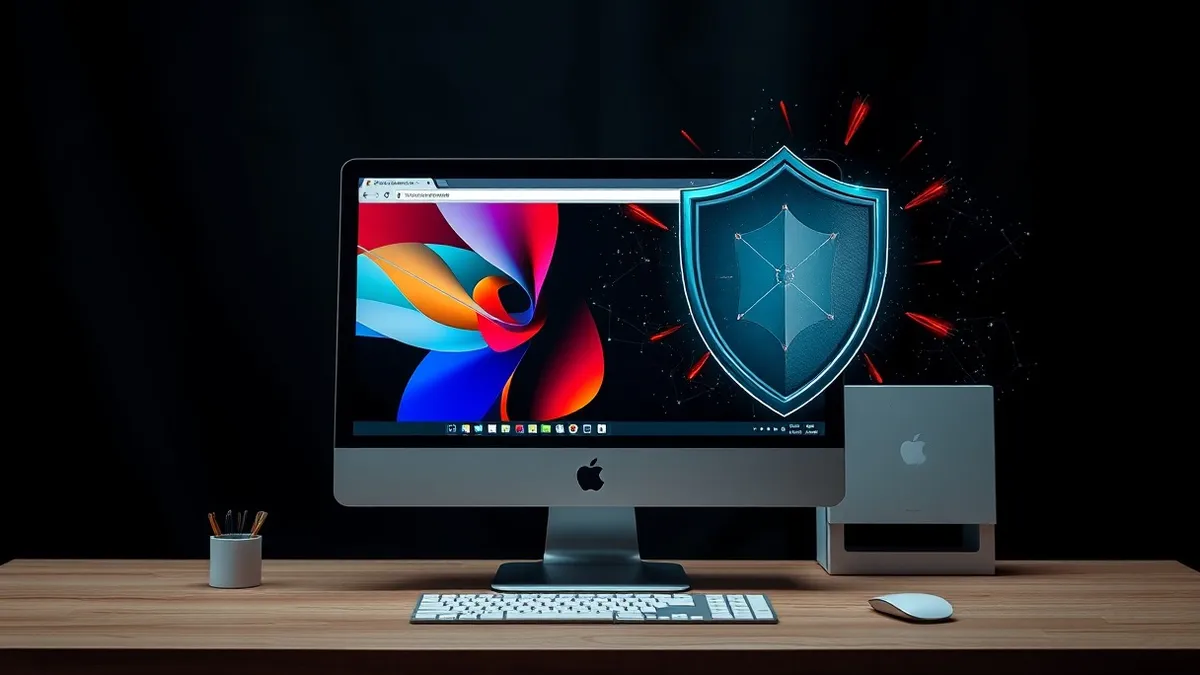 Illustration: A sleek desktop computer sits on a clean wooden desk, displaying a browser window with abstract colorful geometric shapes.