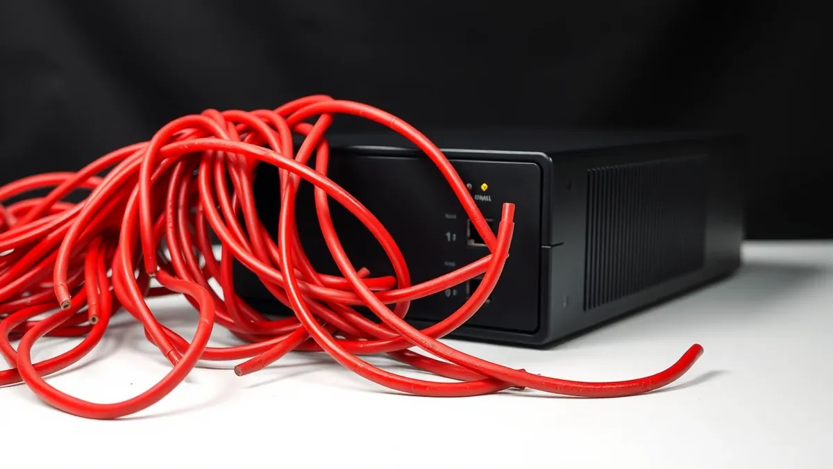 Illustration: A large, tangled knot of thick red cables sits on a clean white desk next to a sleek black network firewall appliance.