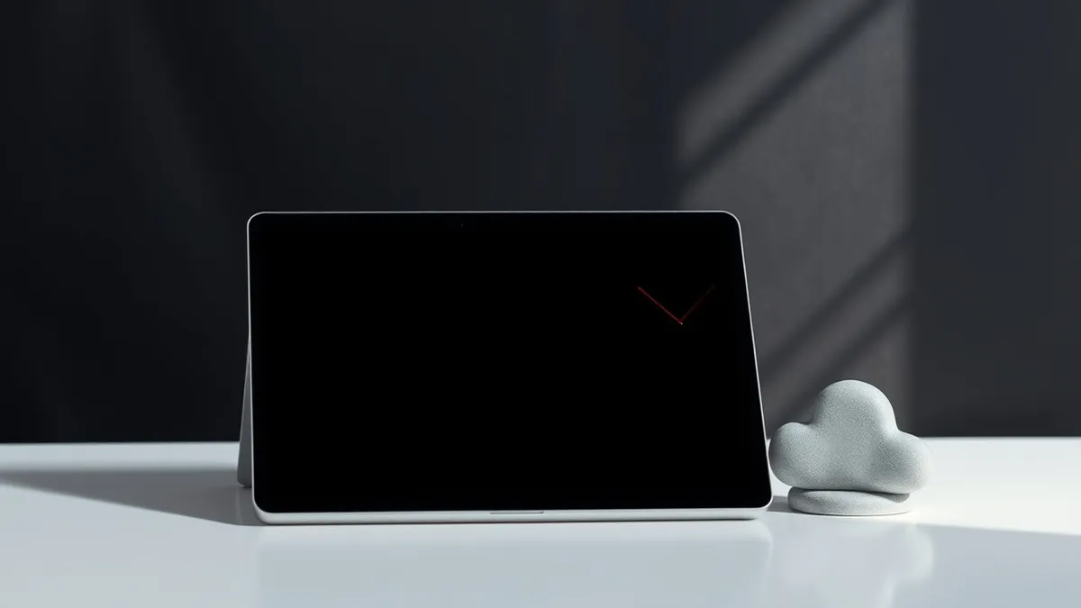 Illustration: A sleek, blank tablet rests on a clean white desk next to a small, unbranded cloud icon made of matte gray clay.