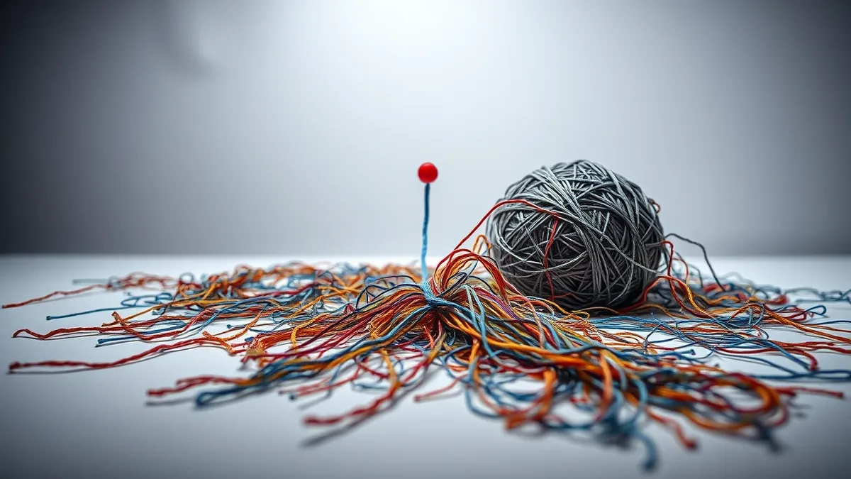 Illustration: A massive tangled ball of colorful fibers spills across a clean white desk.