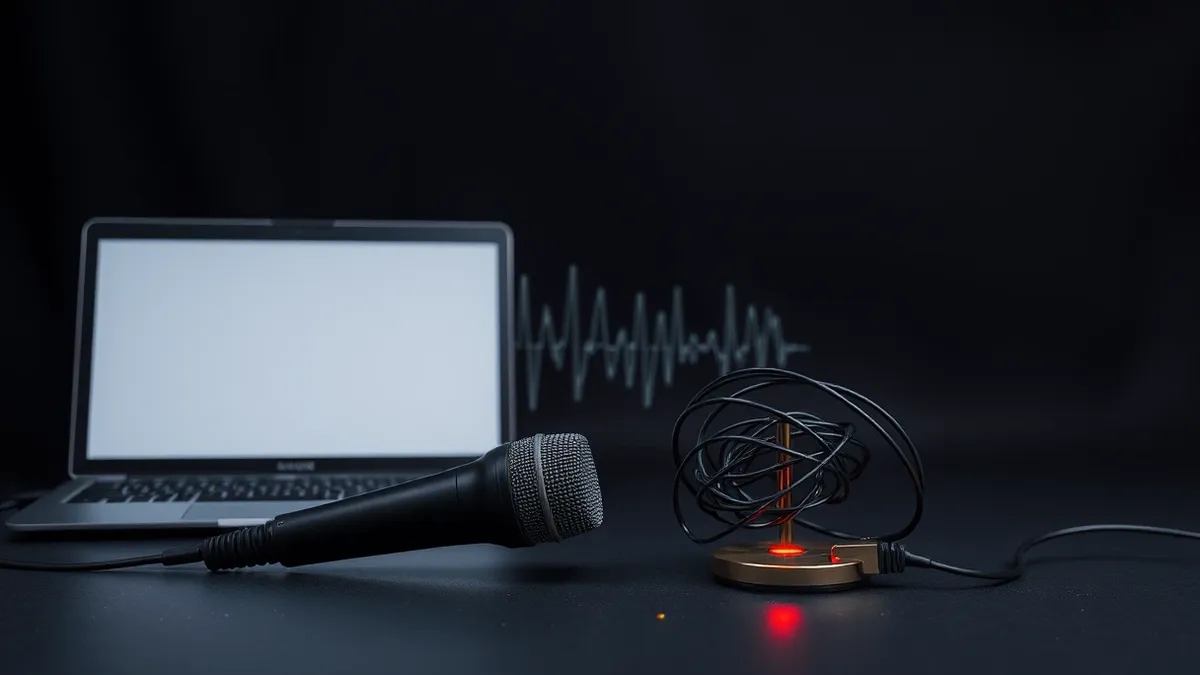 Illustration: A sleek modern microphone sits on a clean desk beside a tangled mess of audio waveform cables.