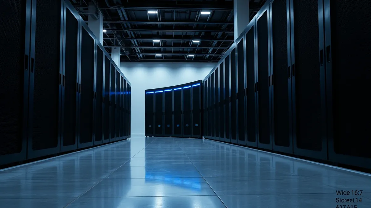 Illustration: A row of tall black server cabinets stands in a clean, white data centre aisle.