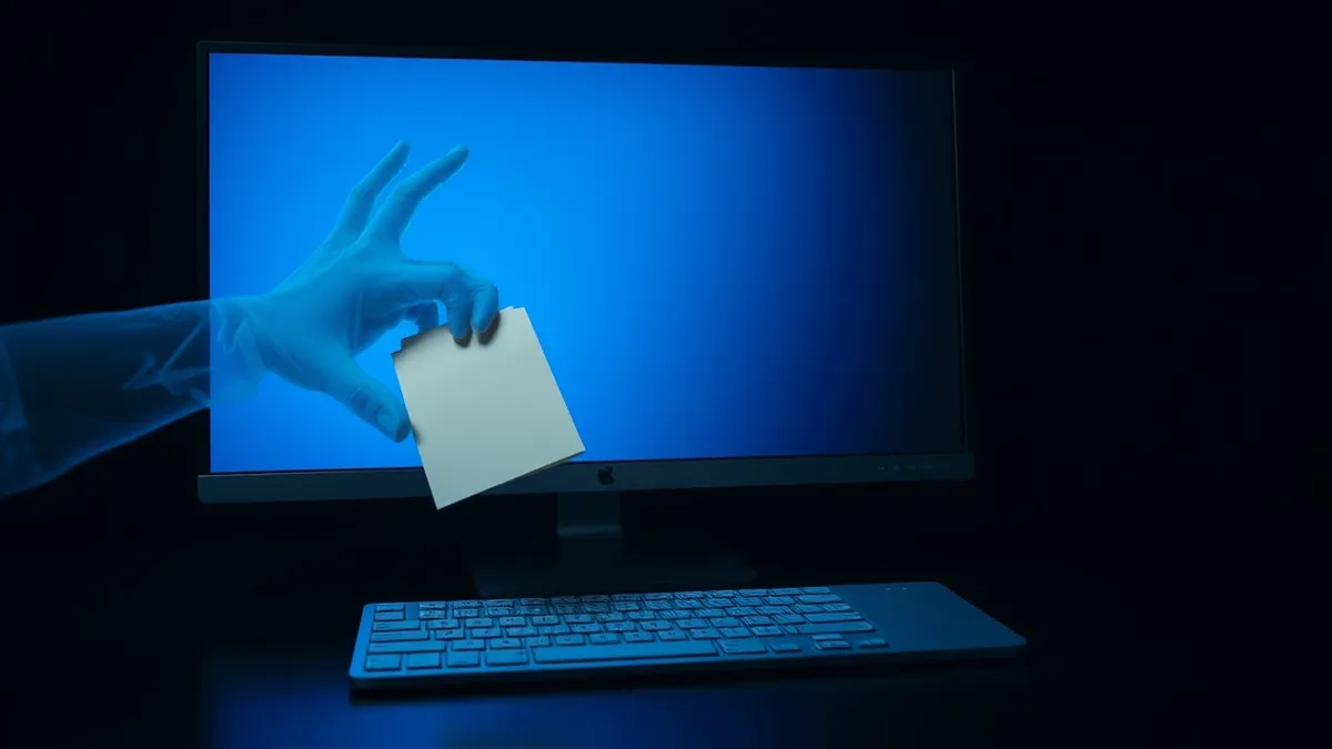 Illustration: A translucent ghostly hand reaches from behind a computer monitor to snatch a floating stack of blank sticky notes.