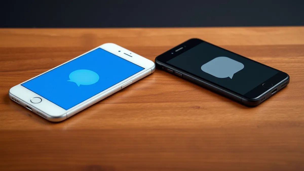 Illustration: A white smartphone rests on a wooden table with its screen displaying a blank blue chat bubble and a generic waveform icon.