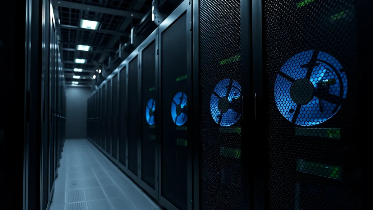 Illustration: A row of black server racks stands in a cool data center aisle, each unit fitted with a small green circuit board.