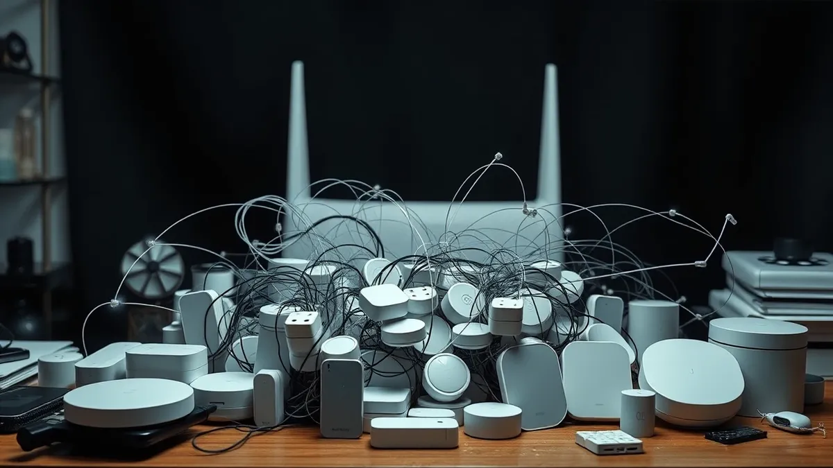 Illustration: A dense cluster of generic smart home hubs and sensors sits on a cluttered desk.