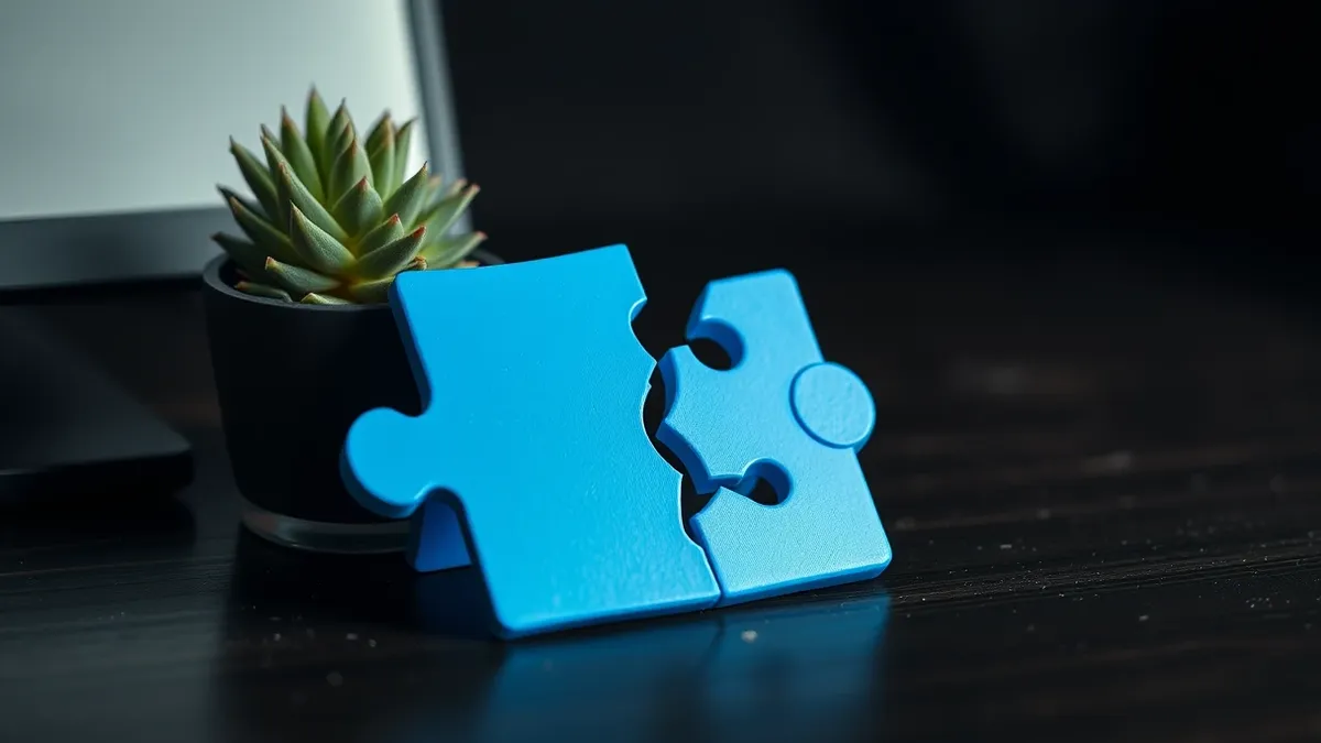 Illustration: A cracked blue jigsaw puzzle piece rests on a dark wooden desk next to a small potted succulent plant.