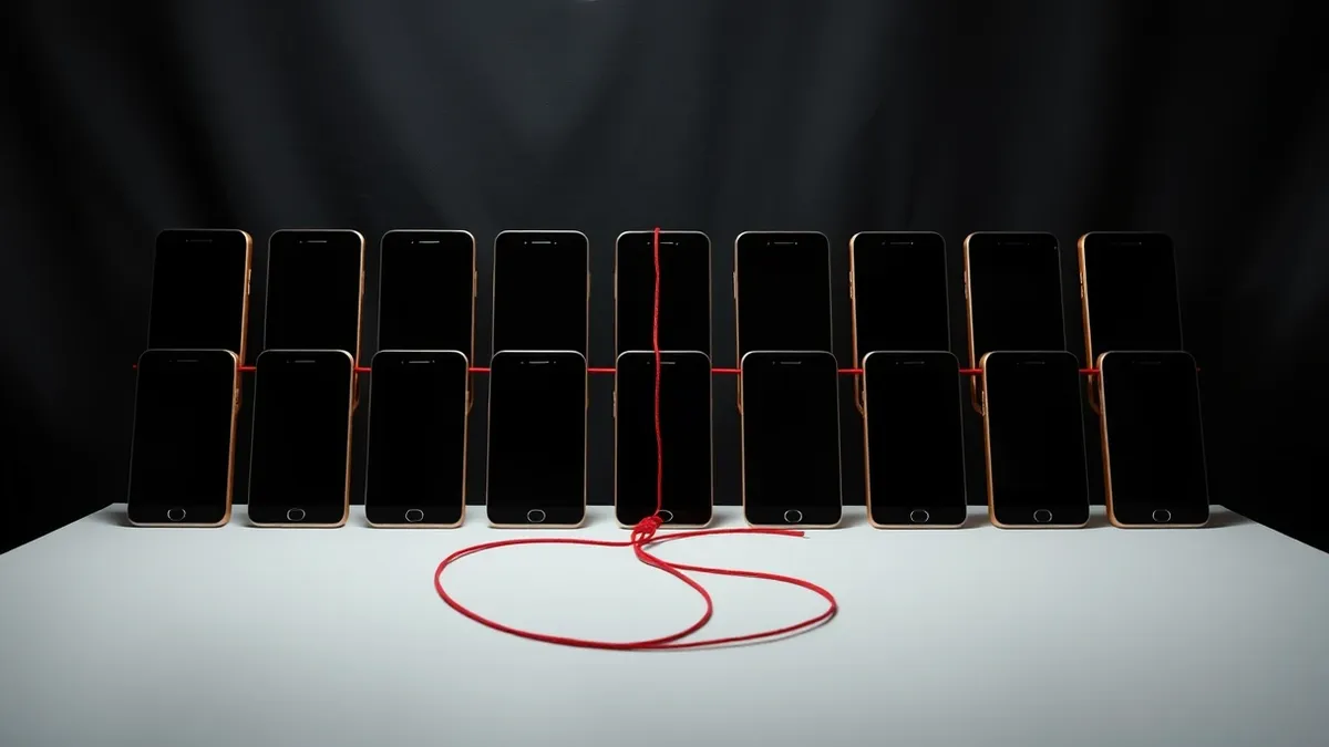 Illustration: A grid of twelve identical blank smartphone screens sits on a white table, with seven screens glowing in unison while five remain dark.