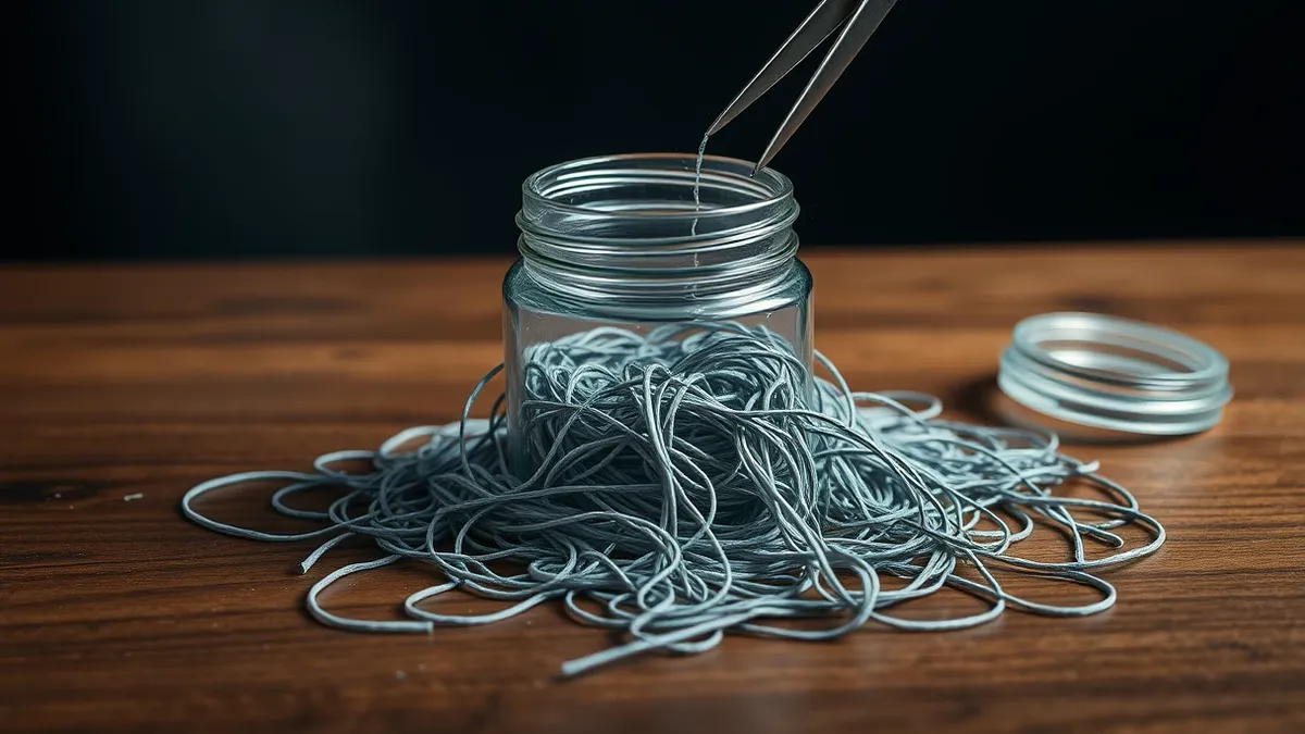 Illustration: A transparent glass jar sits on a wooden table, filled with tangled grey threads that spill out onto the surface.