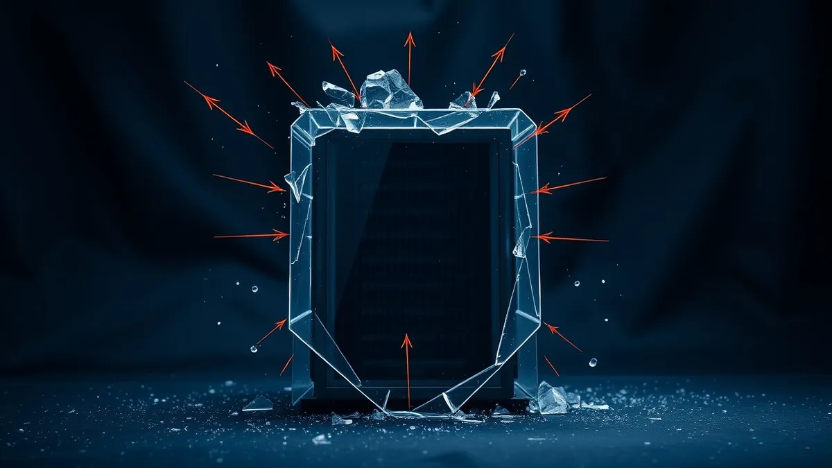 Illustration: A translucent geometric shield shatters around a sealed server container.
