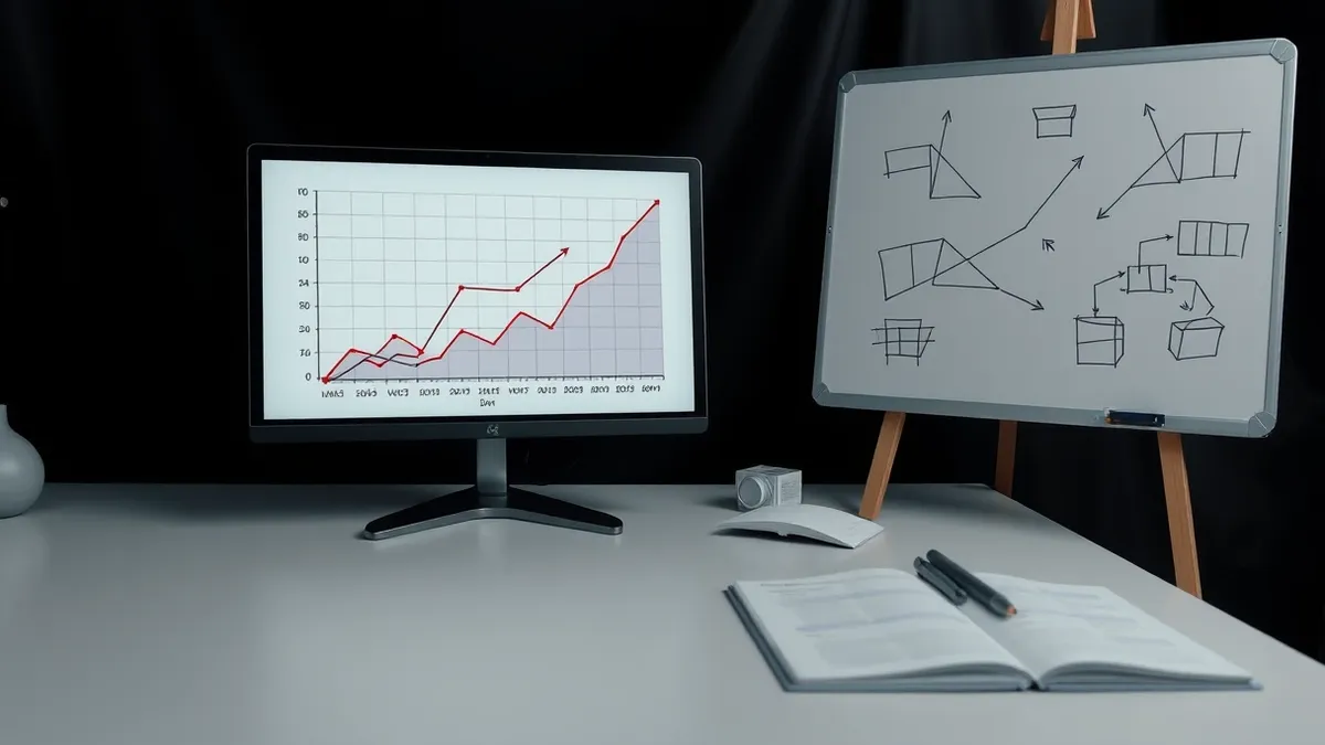 Illustration: A digital chart sits on a clean table next to a blank whiteboard covered in abstract geometric sketches and arrows.