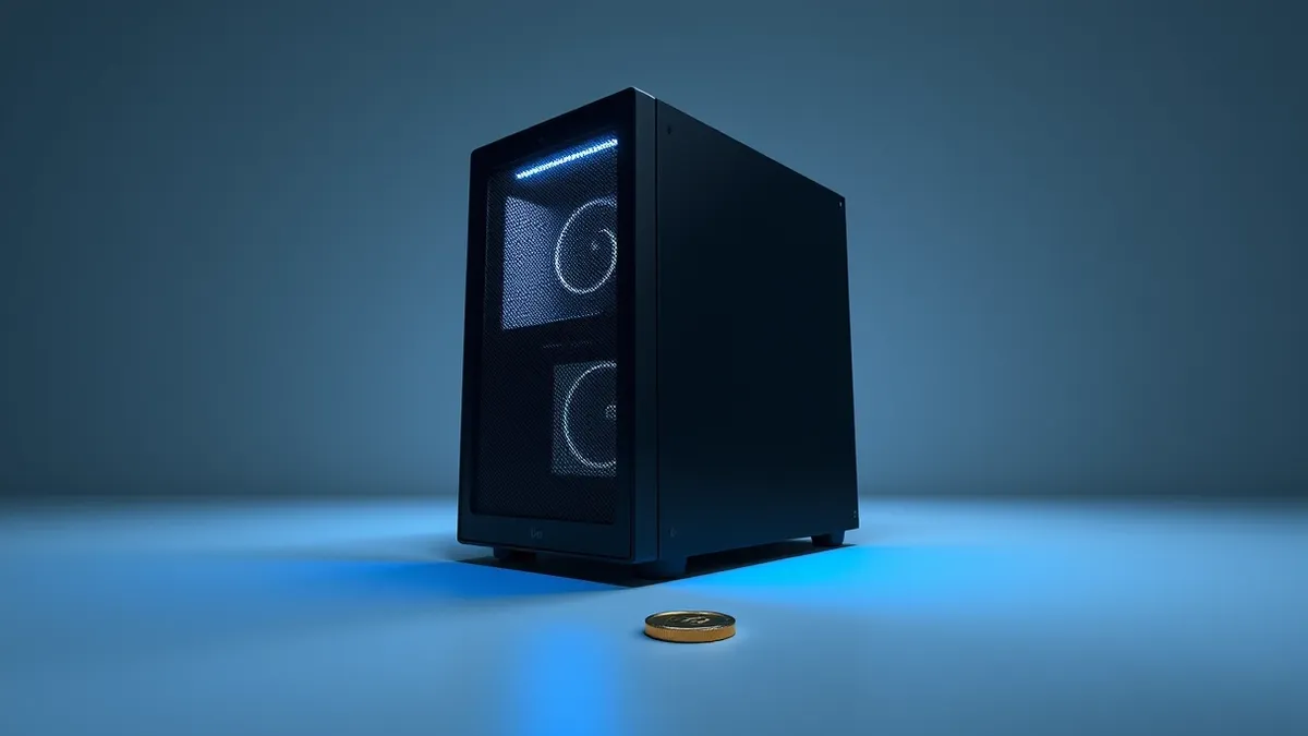 Illustration: A sleek, matte-black server tower sits in a minimalist white room, emitting a soft blue glow from its ventilation grilles.