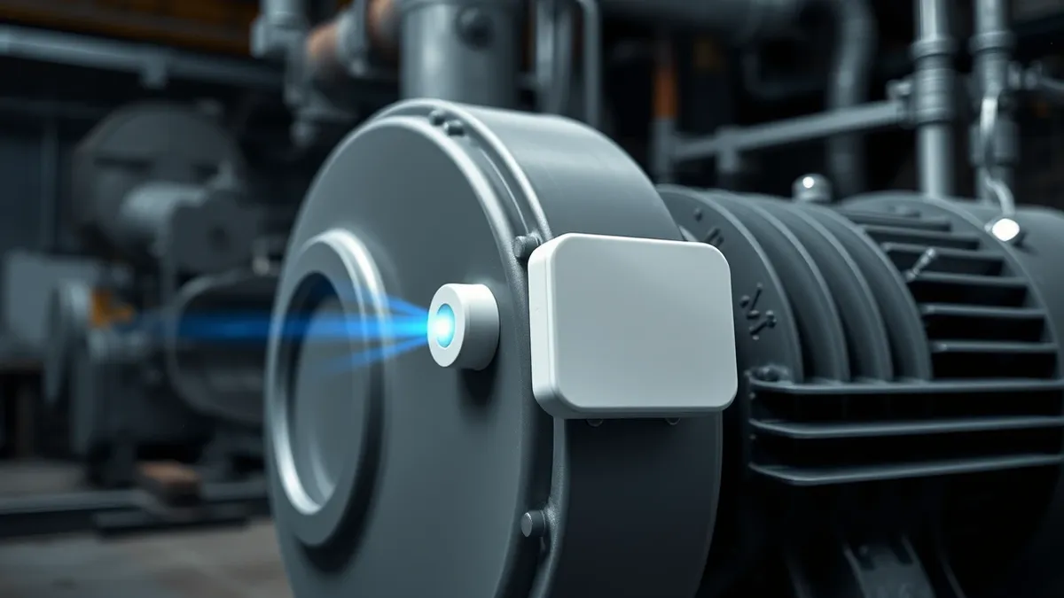 Illustration: A small white sensor is magnetically attached to the side of a large, grey industrial motor in a factory.