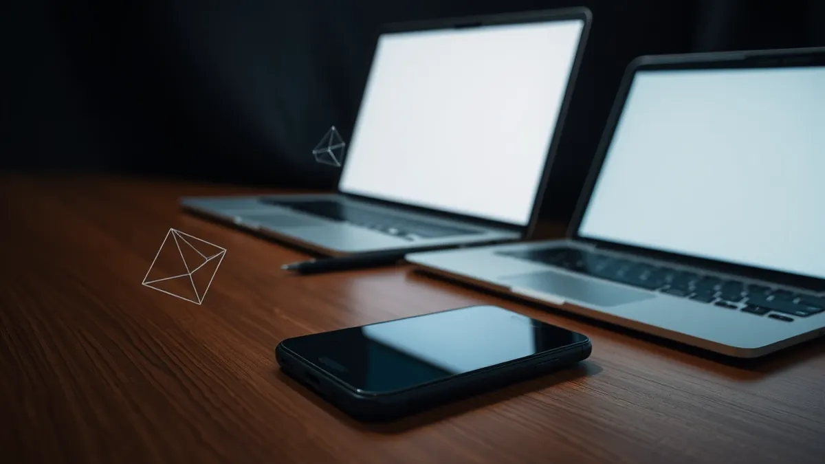 Illustration: A smartphone rests on a wooden desk beside a laptop with a blank screen.