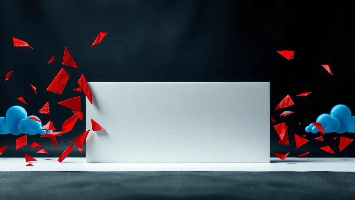 Illustration: A sleek white barrier stands between a chaotic storm of jagged red shards and a calm, orderly row of blue cloud shapes.