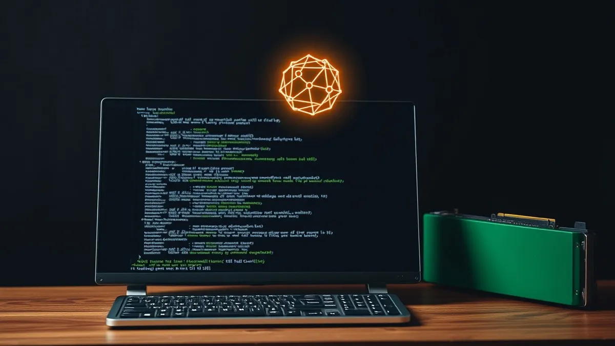 Illustration: A dark terminal window with blank abstract code lines sits on a wooden desk next to a green graphics card.