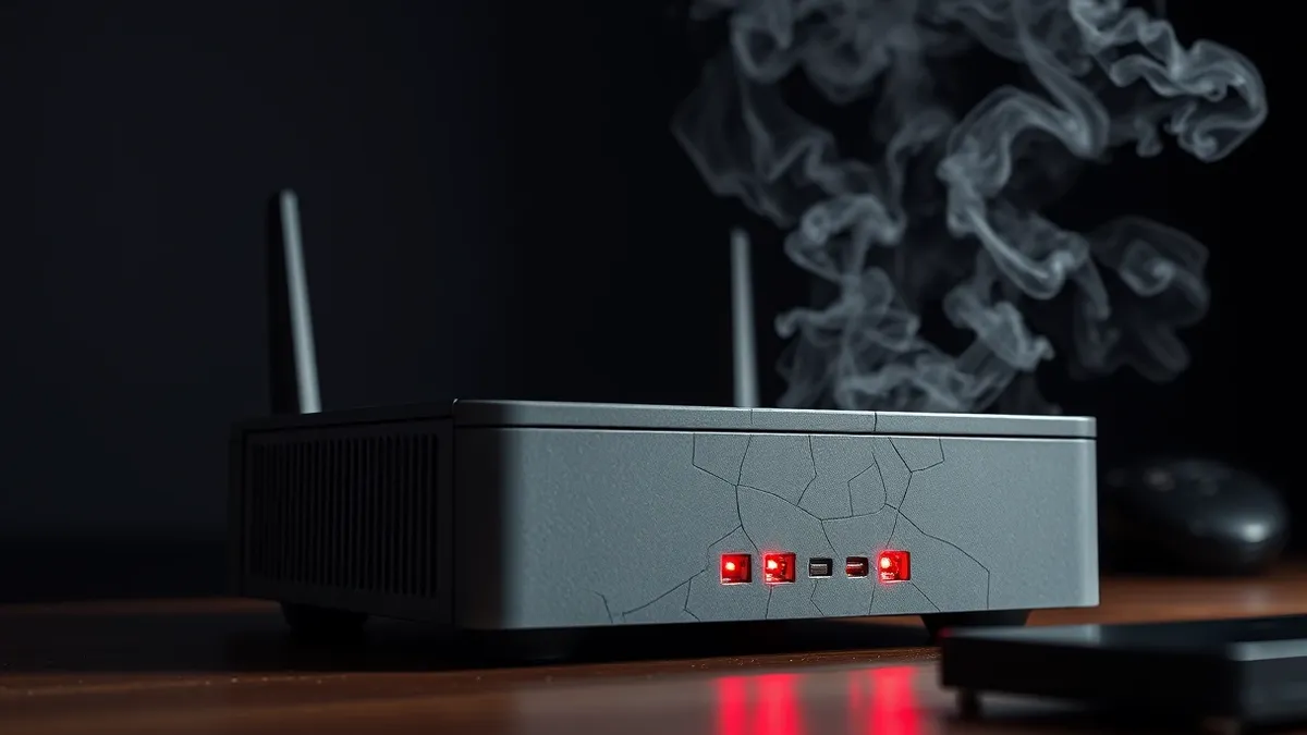 Illustration: A sturdy gray network router sits on a desk, its front panel lights blinking erratically in red.