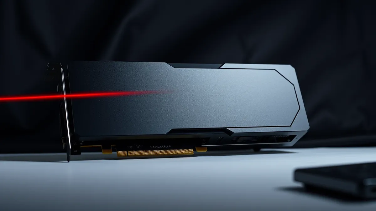 Illustration: A sleek black graphics card rests on a clean white desk.