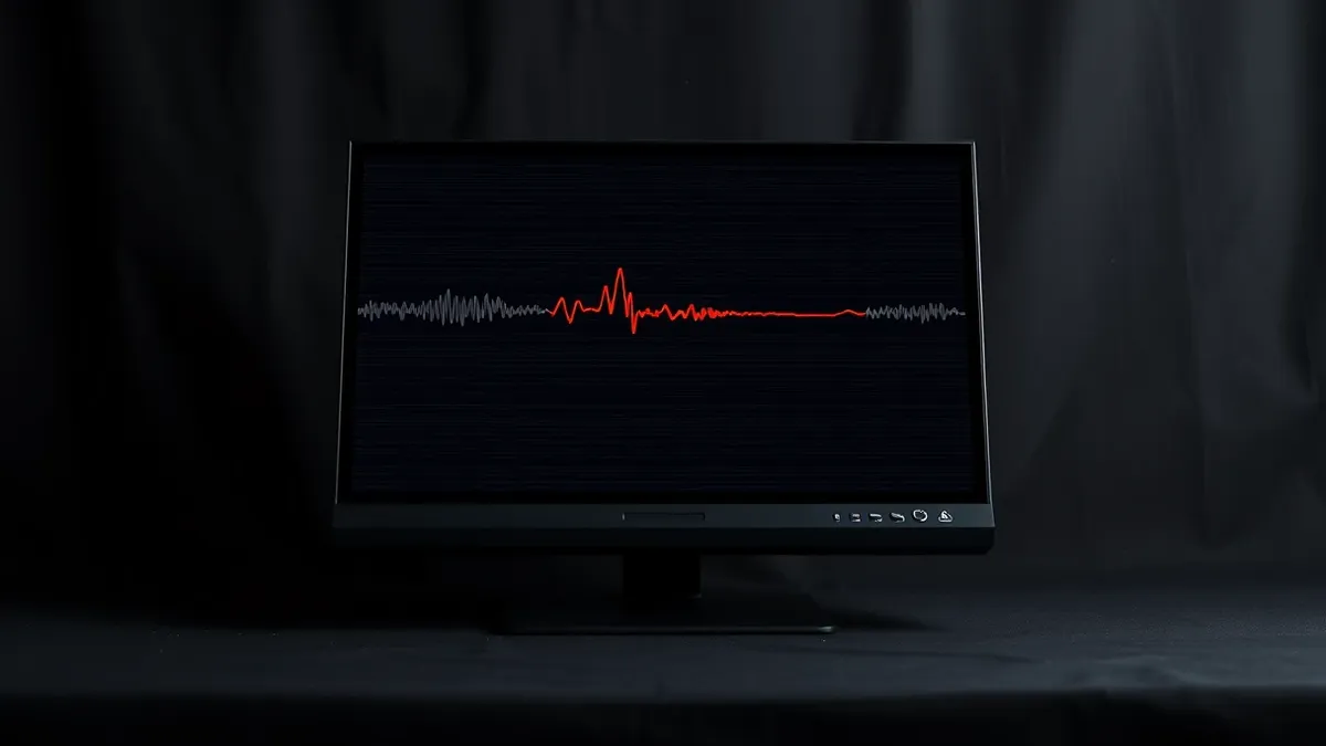 Illustration: A sleek black security console sits on a desk, its large blank monitor displaying a single sharp red waveform cutting through a field of faint gray static lines, high
