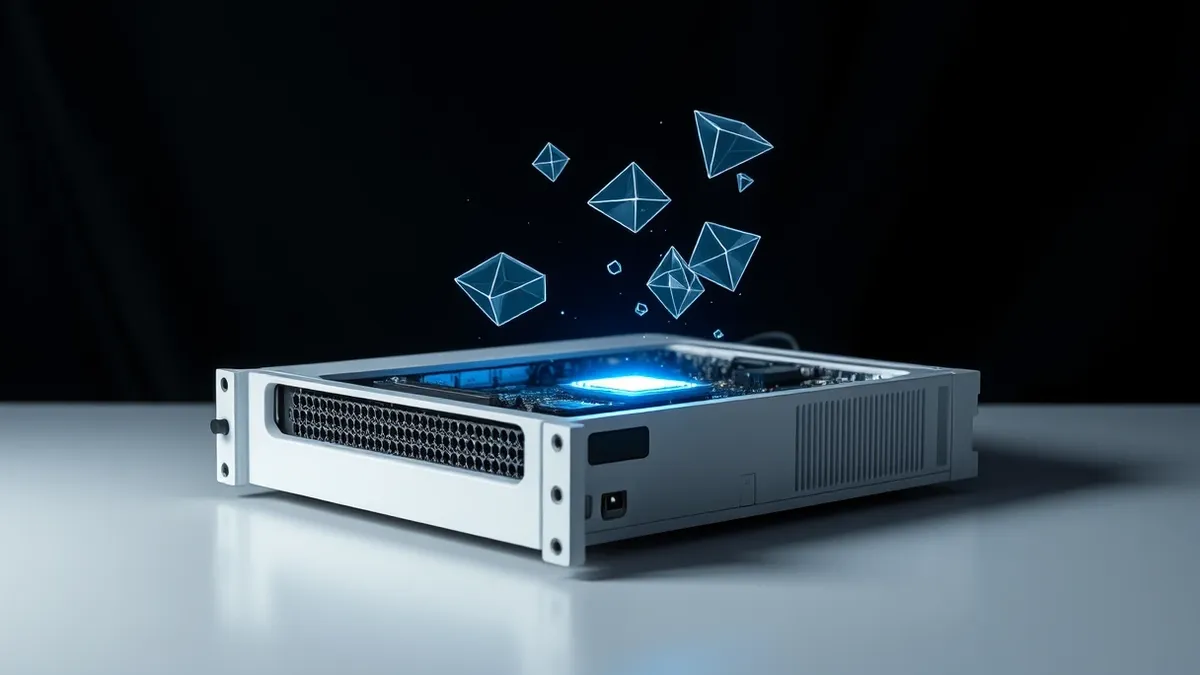 Illustration: A sleek white server blade sits open on a clean white desk, revealing intricate circuitry inside.