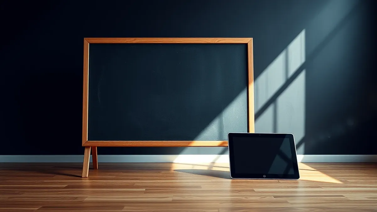 Illustration: A solitary vintage chalkboard stands on an empty school floor, its surface completely blank.