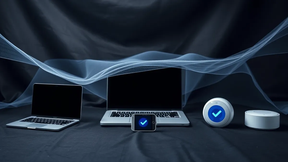 Illustration: A translucent digital mesh wraps around a scattered group of generic devices, including a laptop, a smartphone, and a smart thermostat.
