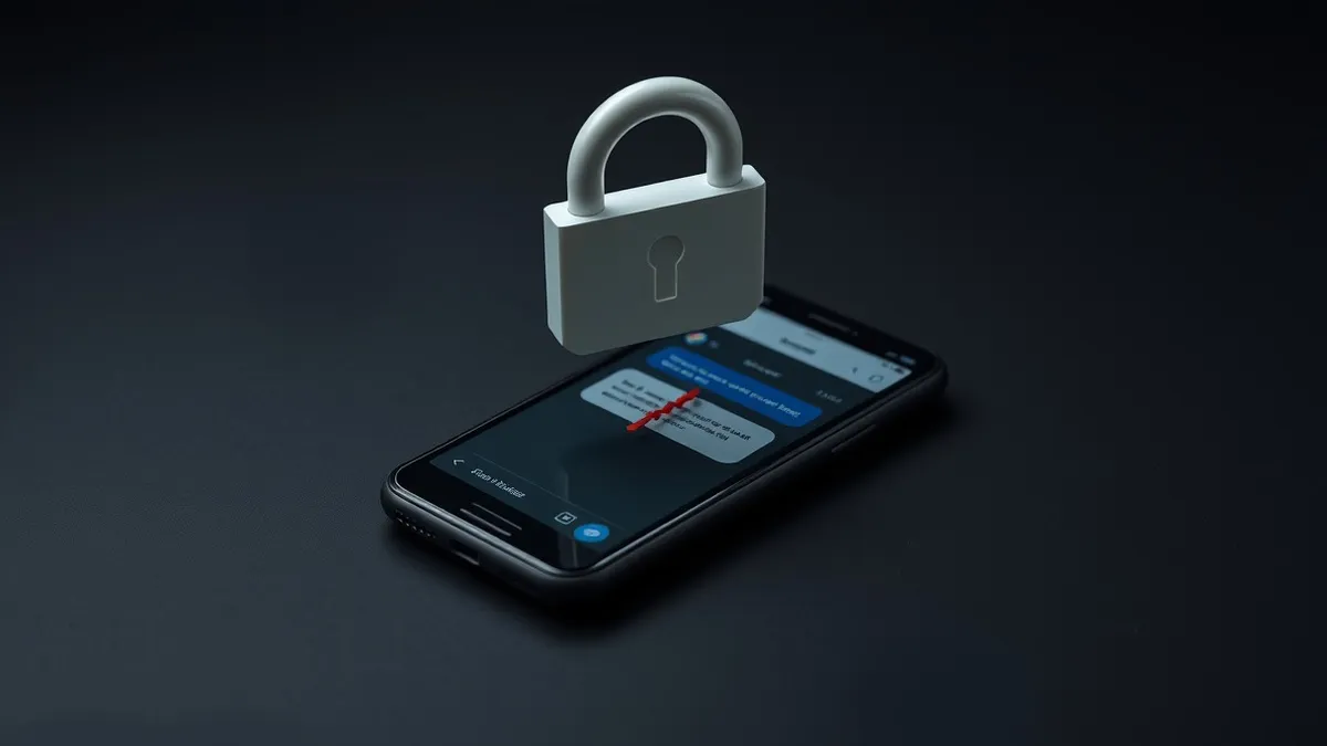 Illustration: A sleek black smartphone rests on a matte surface, its screen displaying a chat interface with jagged red lines abruptly terminating.