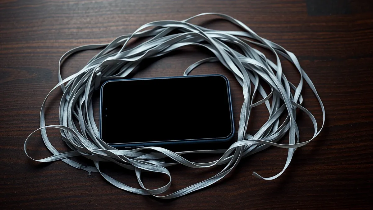 Illustration: A tangled knot of grey ribbons loops around a blank, featureless smartphone resting on a wooden table.