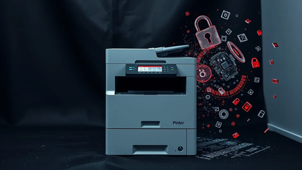 Illustration: A generic office printer sits in a sterile room with its side panel removed, exposing complex internal circuitry.