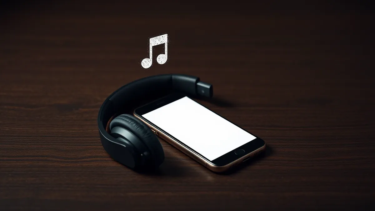Illustration: A pair of black over-ear headphones rests on a wooden surface next to a generic smartphone.