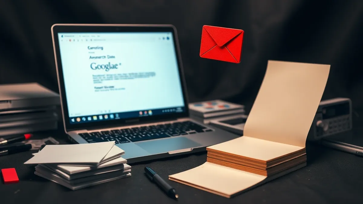 Illustration: A sleek laptop sits on a cluttered desk, its screen glowing with a generic email composition window.