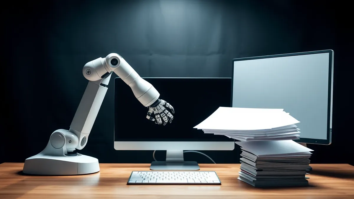 Illustration: A sleek robotic arm extends from an open corporate desktop computer, reaching past the monitor’s edge to manipulate a stack of blank paper documents on a wooden desk.