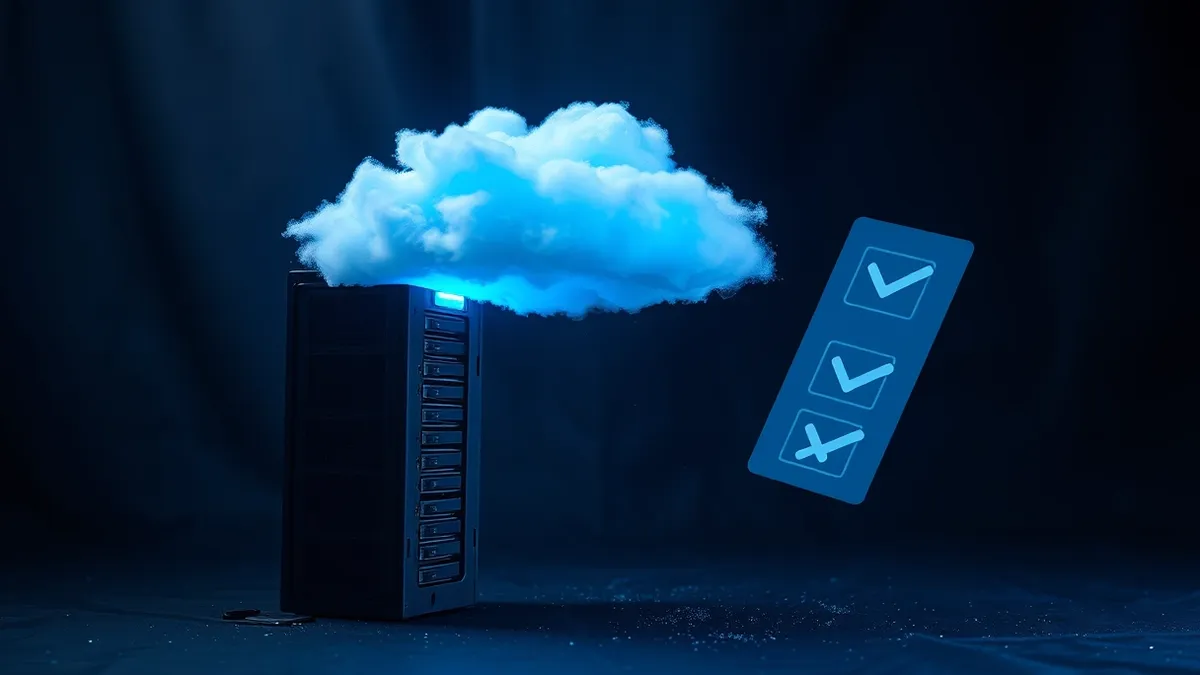 Illustration: A glowing blue cloud hovers above a cracked server tower, symbolizing the shift from physical hardware failure to virtual configuration risks.
